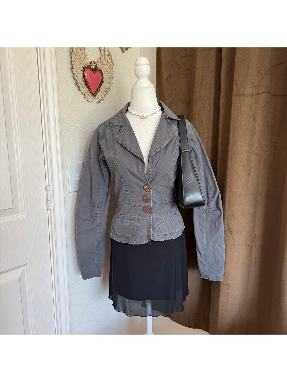 Nick and Mo Anthropologie Gray Cotton Fitted Blazer Jacket Coconut Buttons Sz S